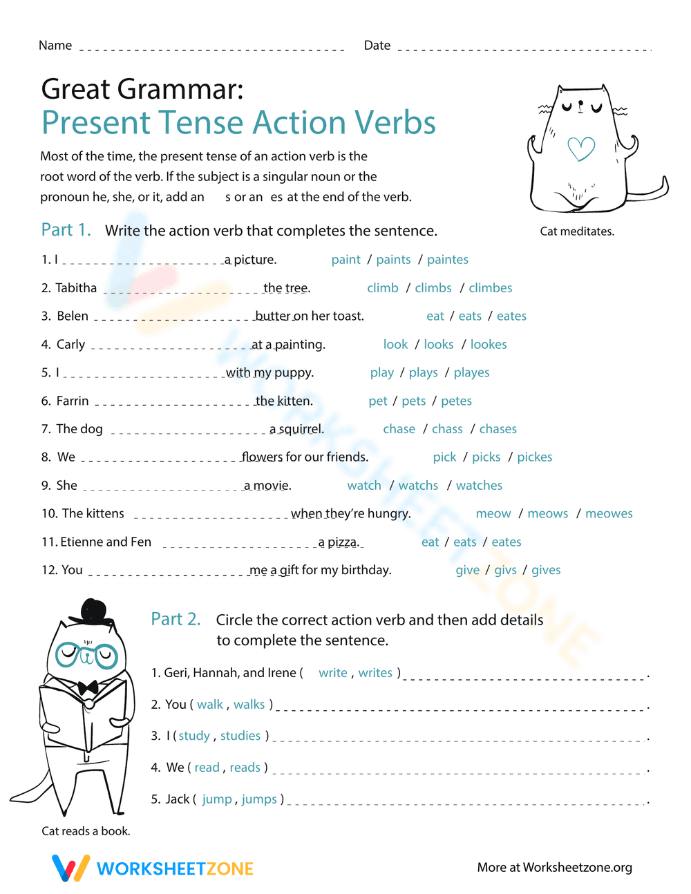 Action-Packed Present Tense Grammar Worksheet - Page 1