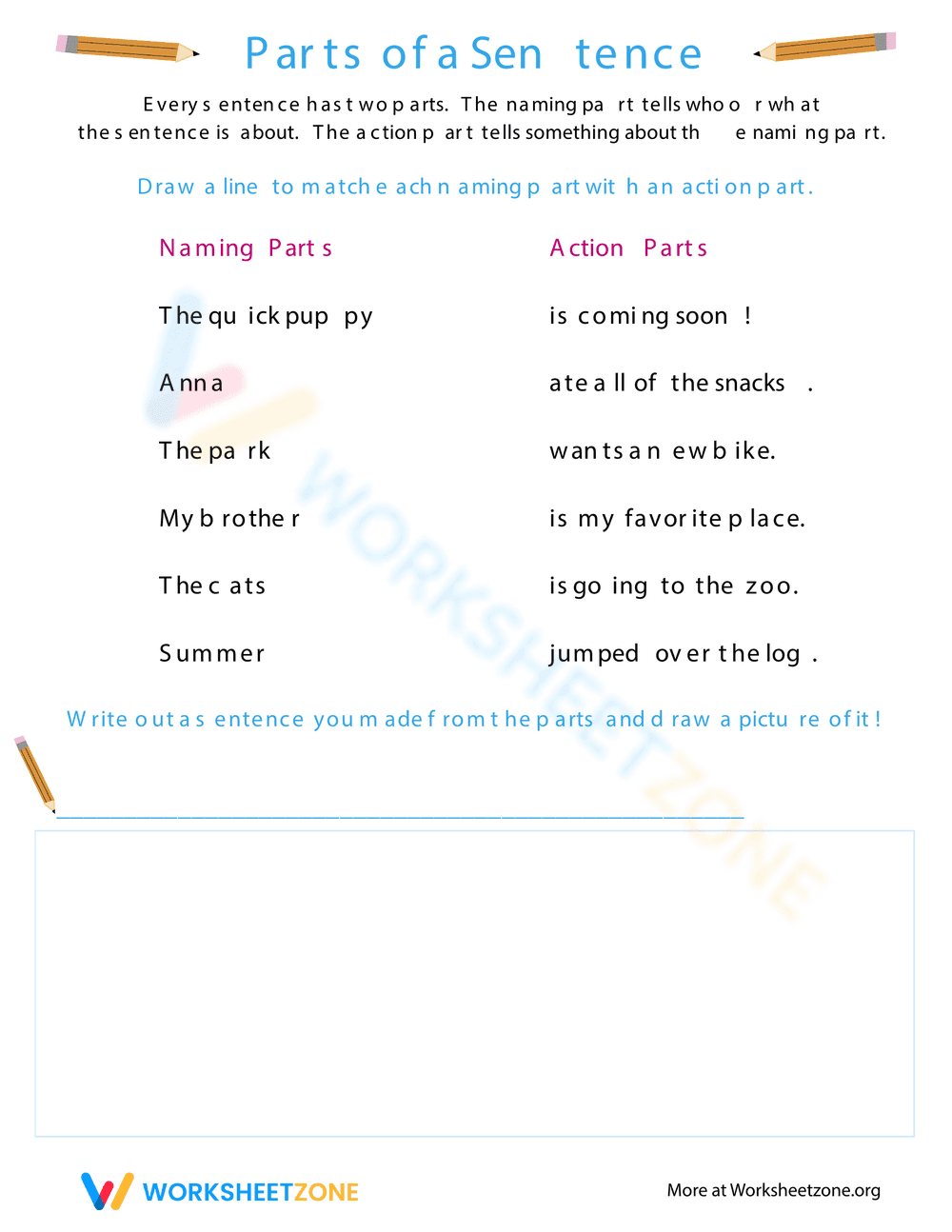 Beginning Grammar Parts of Sentence Worksheet - Page 1