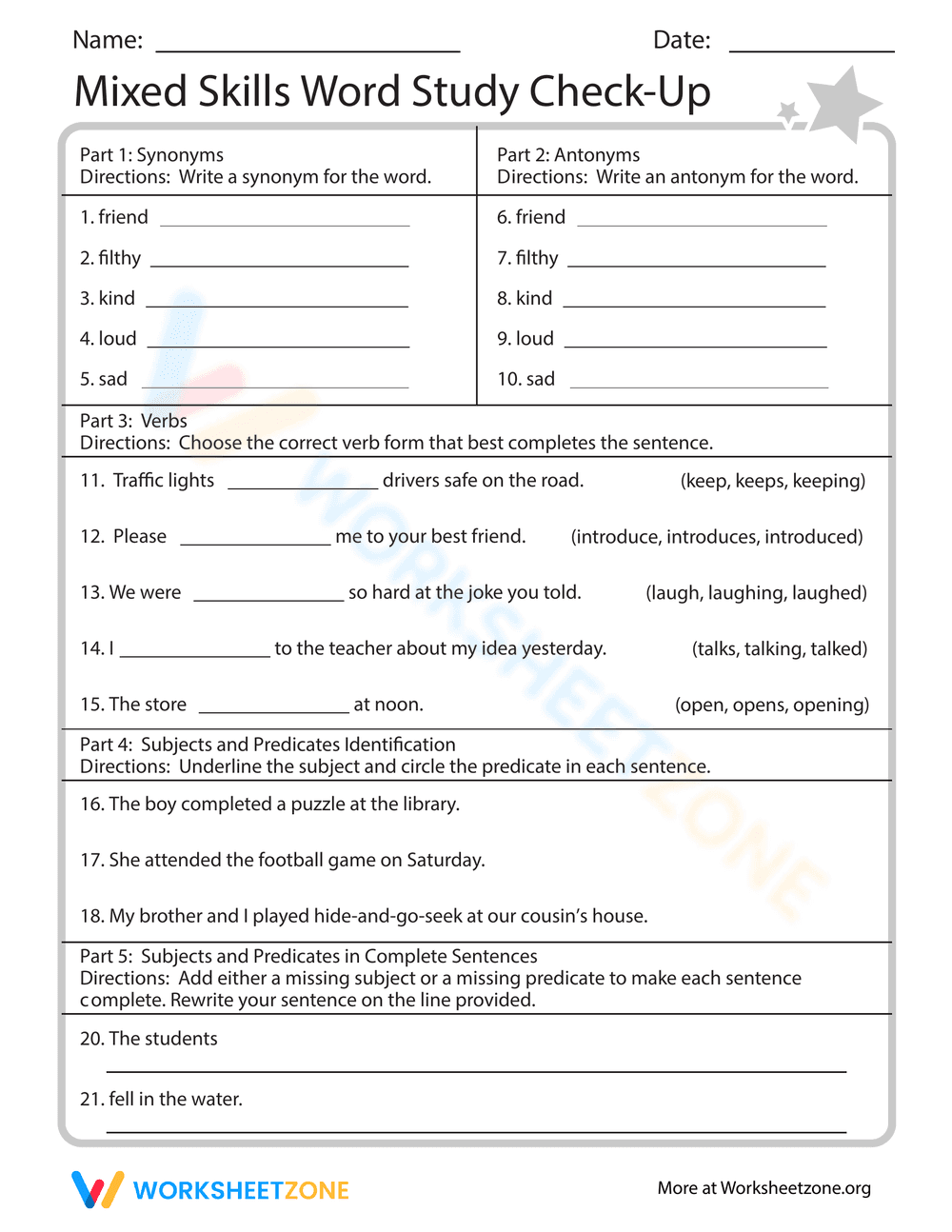 Mixed Skills Word Study Check-Up Worksheet - Page 1