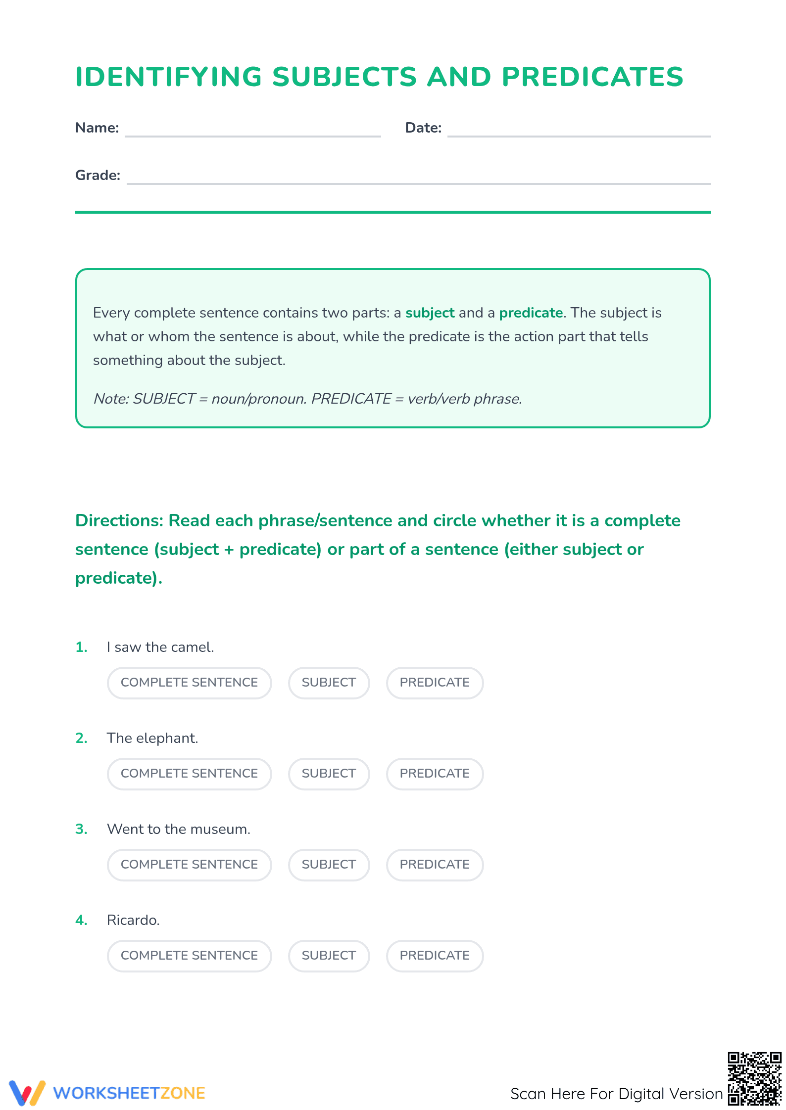 Subjects and Predicates Worksheet | Essential Grade 4 - Page 1