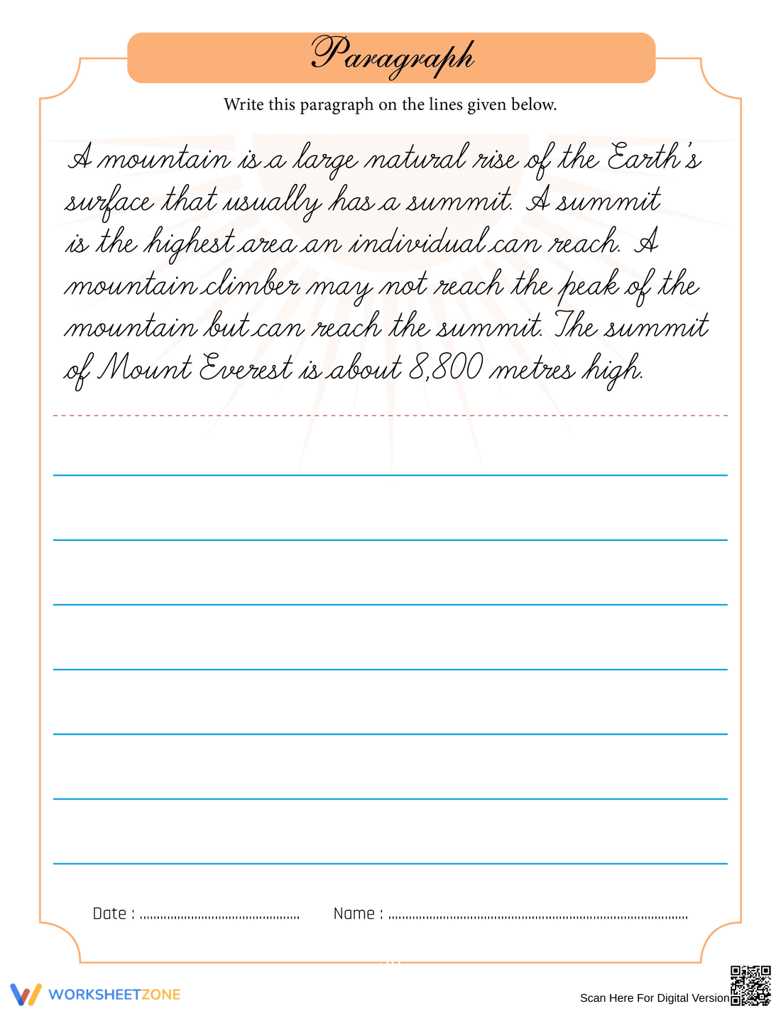 Mountain Handwriting Practice Sheet for Kids - Page 1