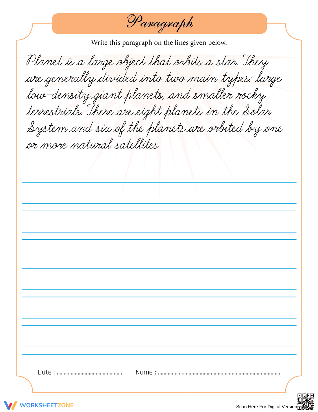 Planet Handwriting Practice Sheet for Students - Page 1