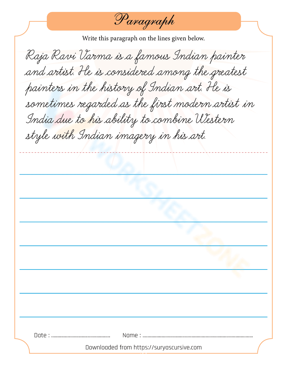 Raja Ravi Varma Handwriting Practice Sheet - Page 1