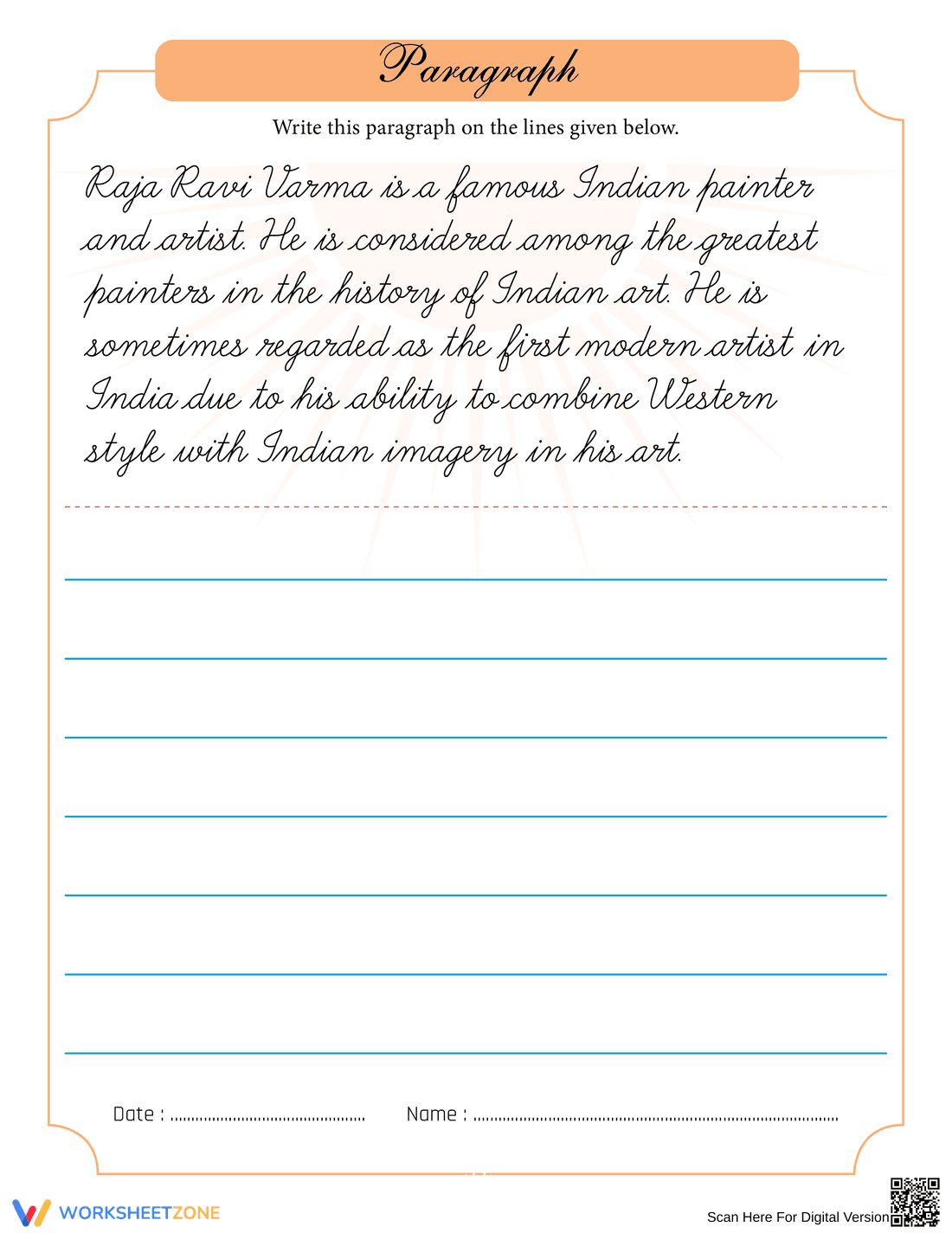 Raja Ravi Varma Handwriting Practice Sheet - Page 1