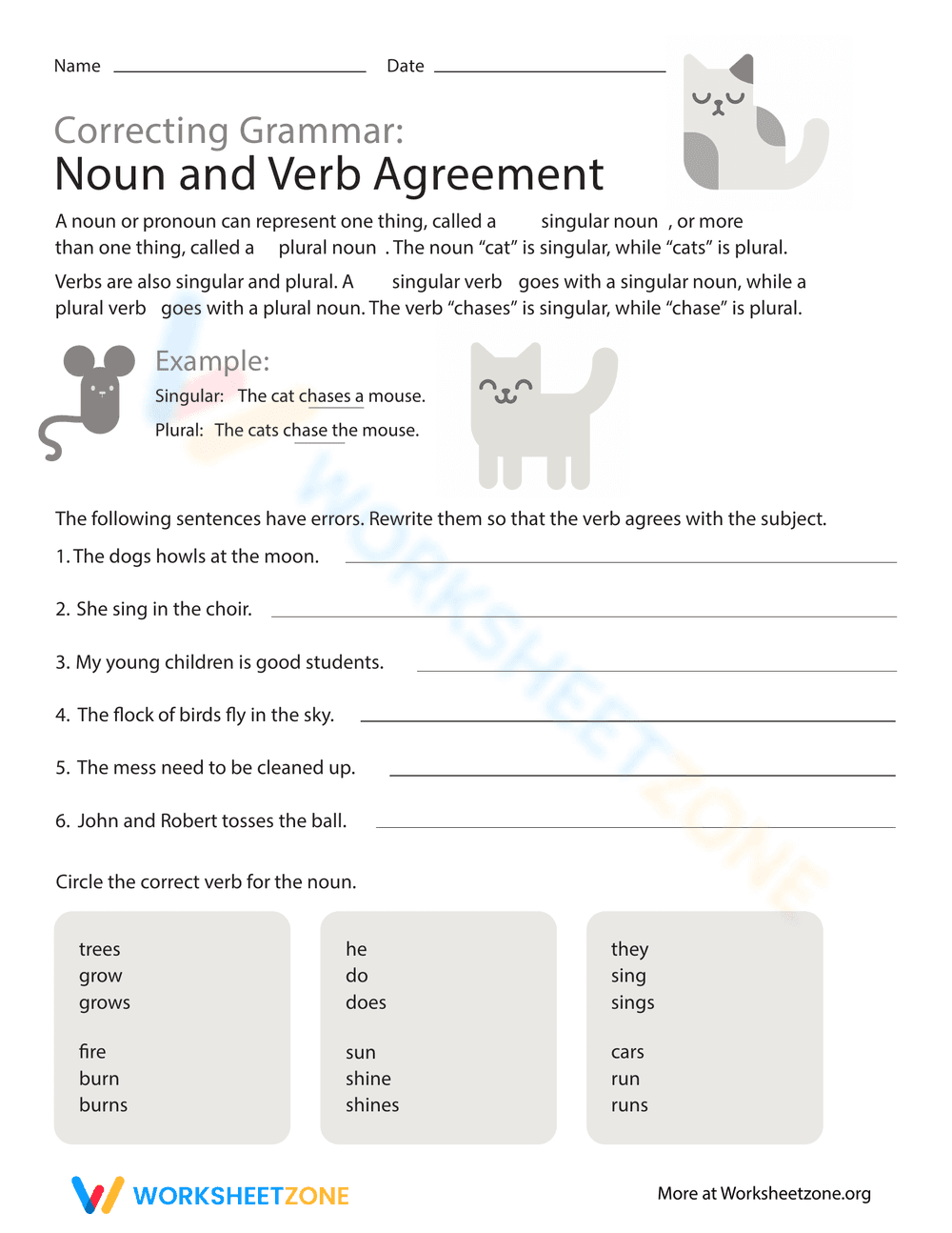 Noun and Verb Agreement Worksheet - Page 1