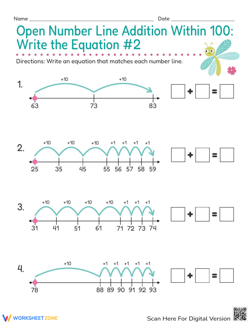 Addition within 100 on Number Line - Page 1