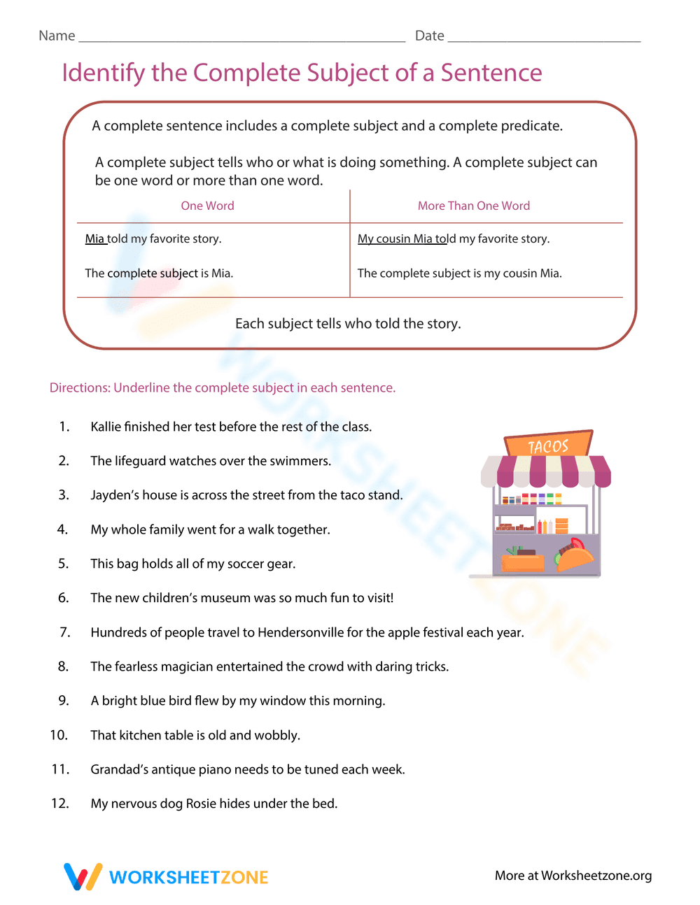 Identify the Complete Subject of a Sentence - Page 1