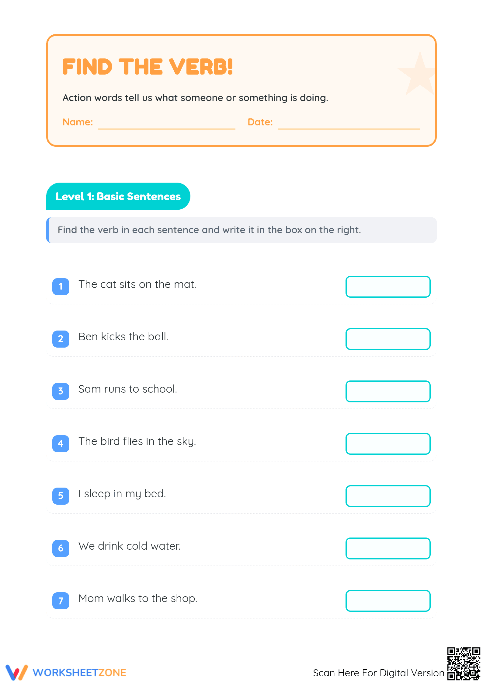 Printable Find the Verbs Worksheet | Grade 3 ELA - Page 1