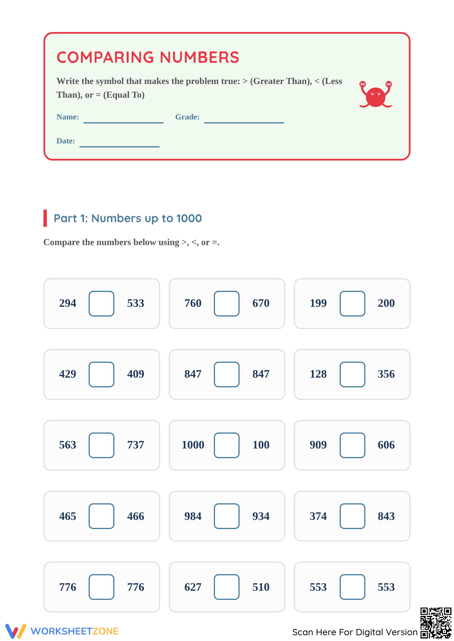 Essential Comparing Three-Digit Numbers Worksheet | Grade 1 - Page 1