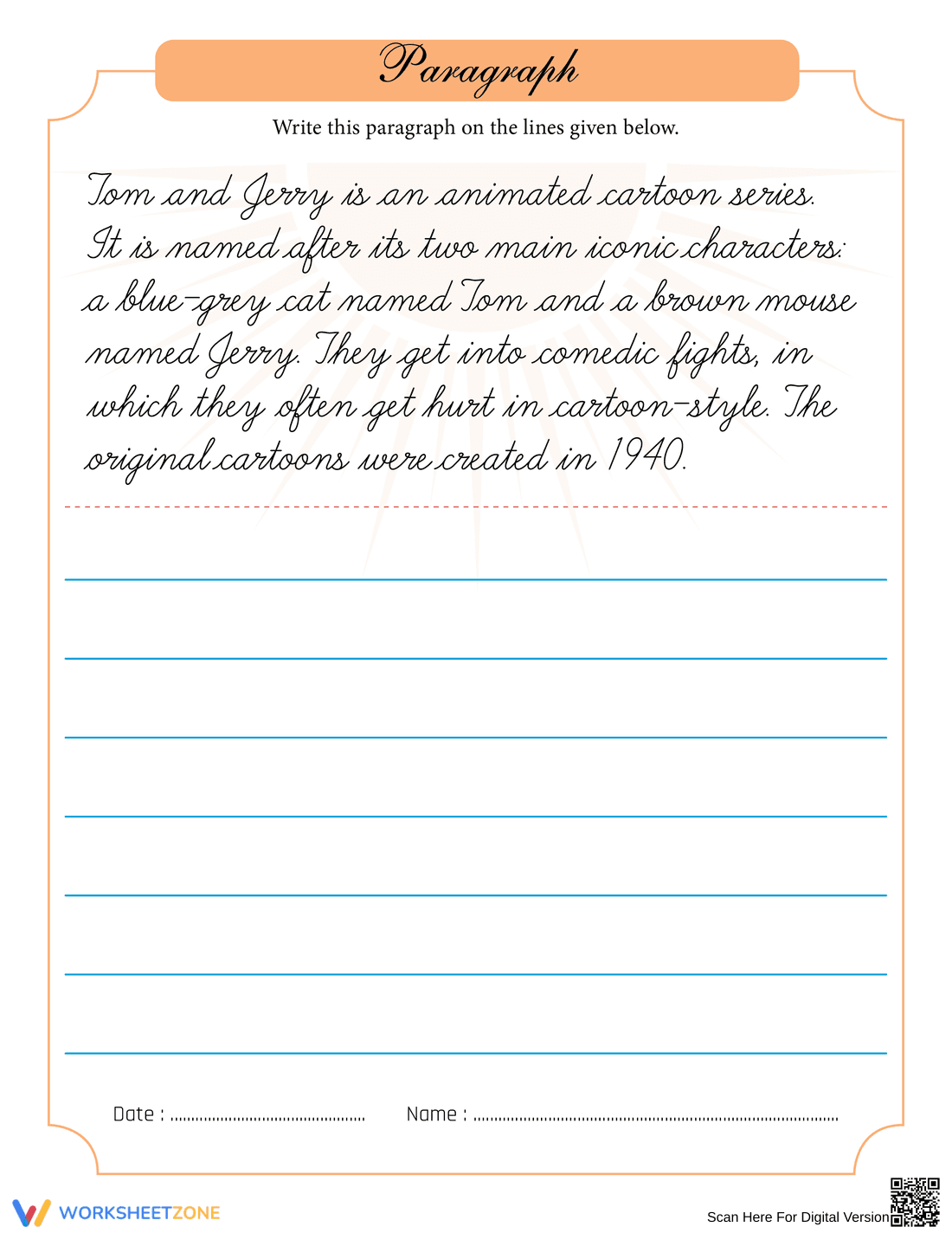 Tom and Jerry Handwriting Practice Sheet - Page 1