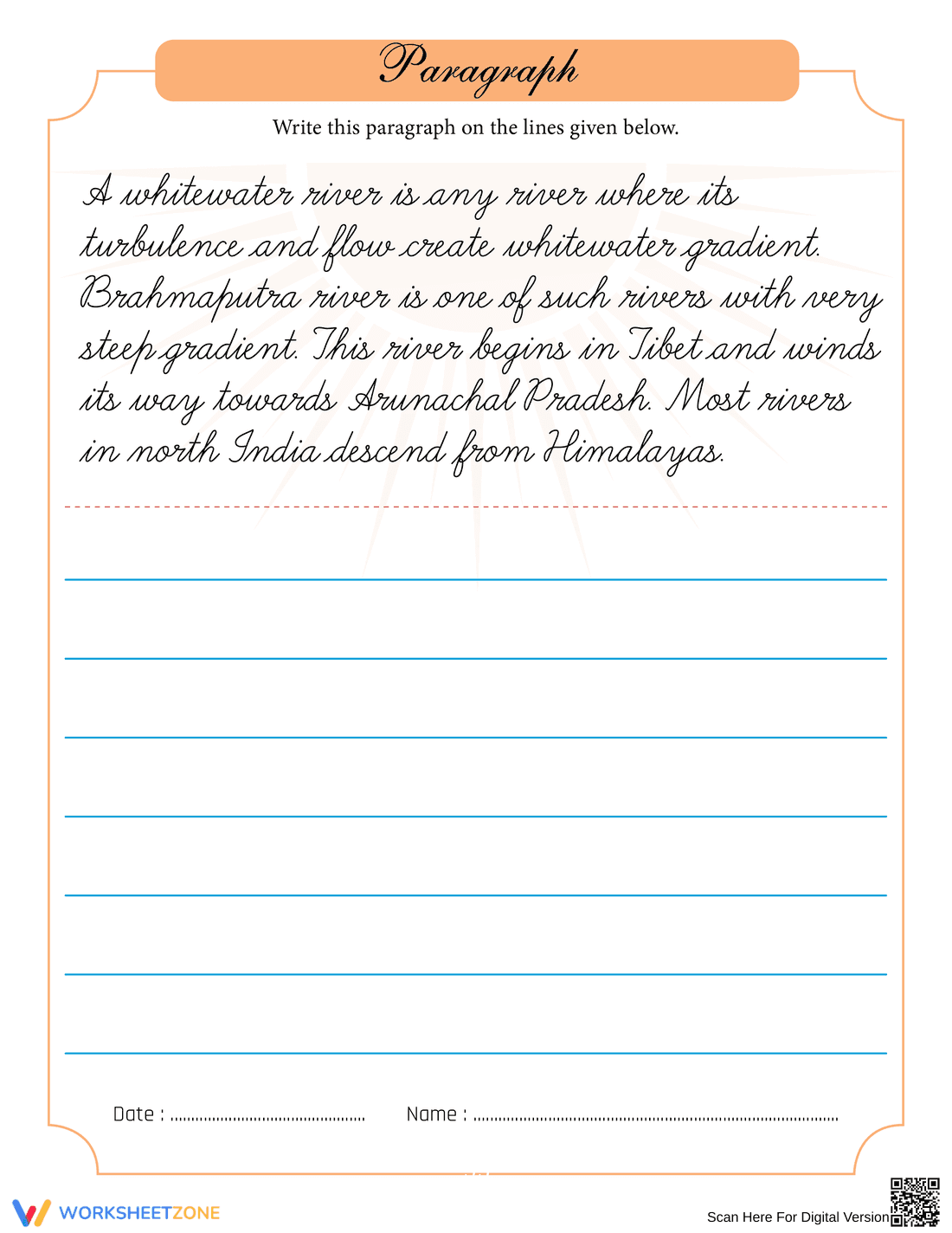 White Water River Handwriting Practice Sheet - Page 1