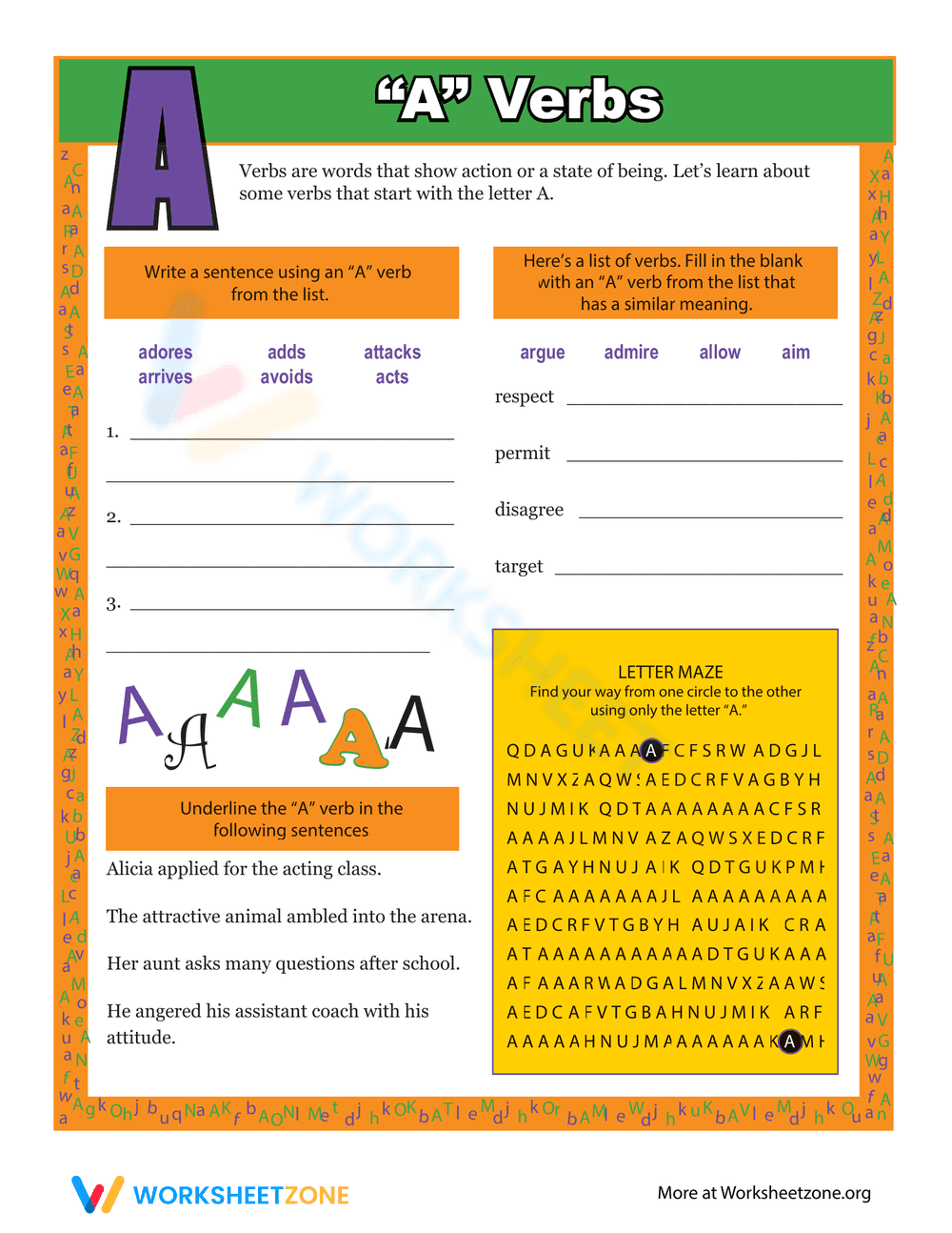 Verbs That Start With A Worksheet - Page 1