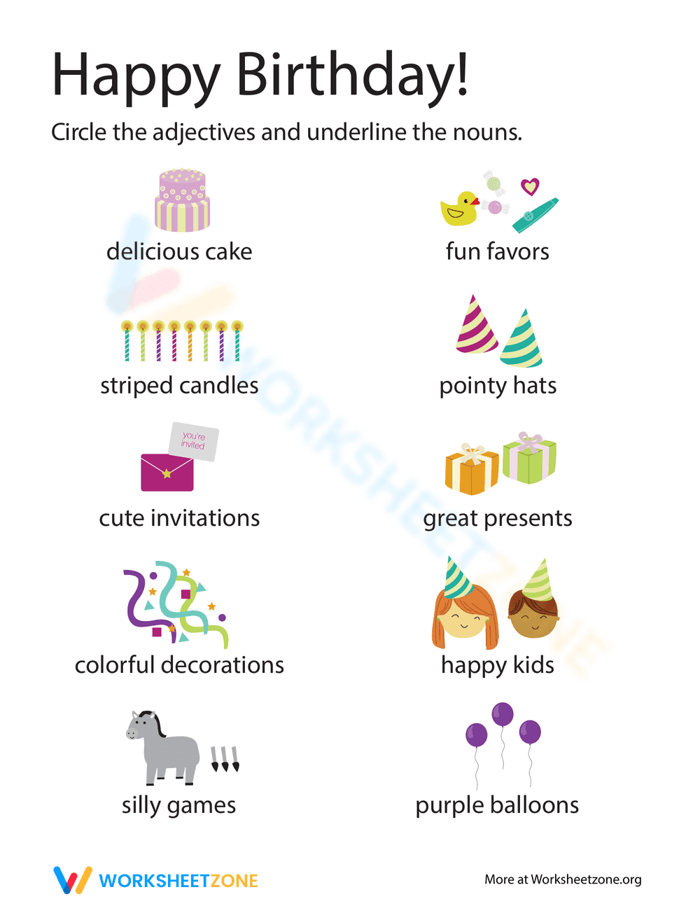 Birthday Adjectives and Nouns - Page 1