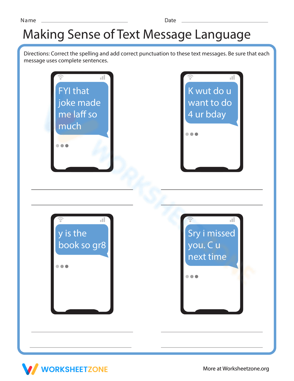 Understanding Text Message Language Worksheet - Page 1