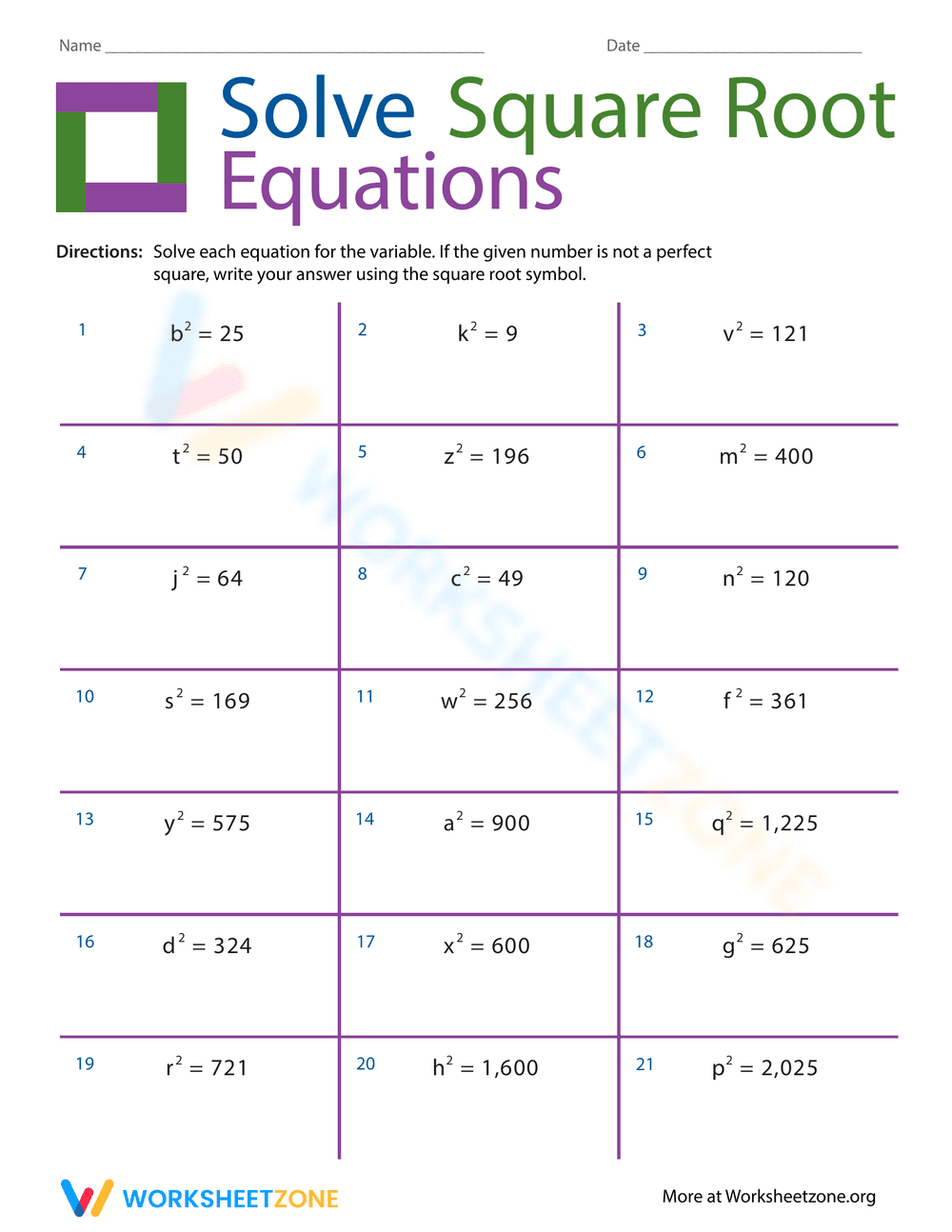 Solve Square Root Equations Worksheet - Page 1