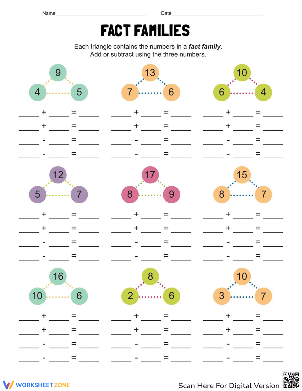Fact Families Triangle Worksheet - Page 1