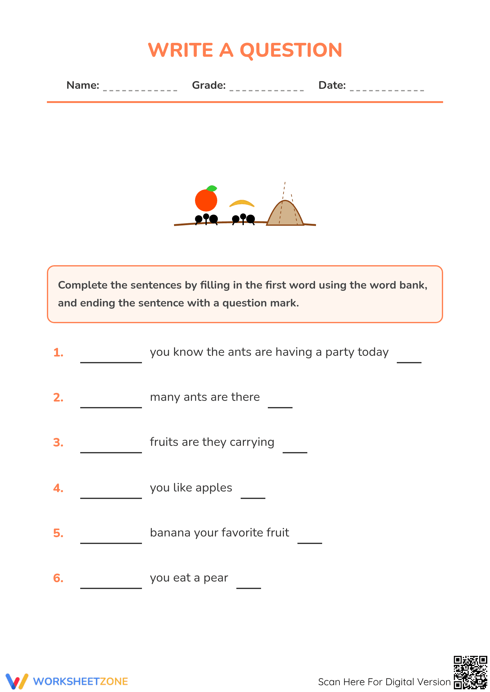 Grade 1 Writing Questions — Printable No-Prep Worksheet - Page 1