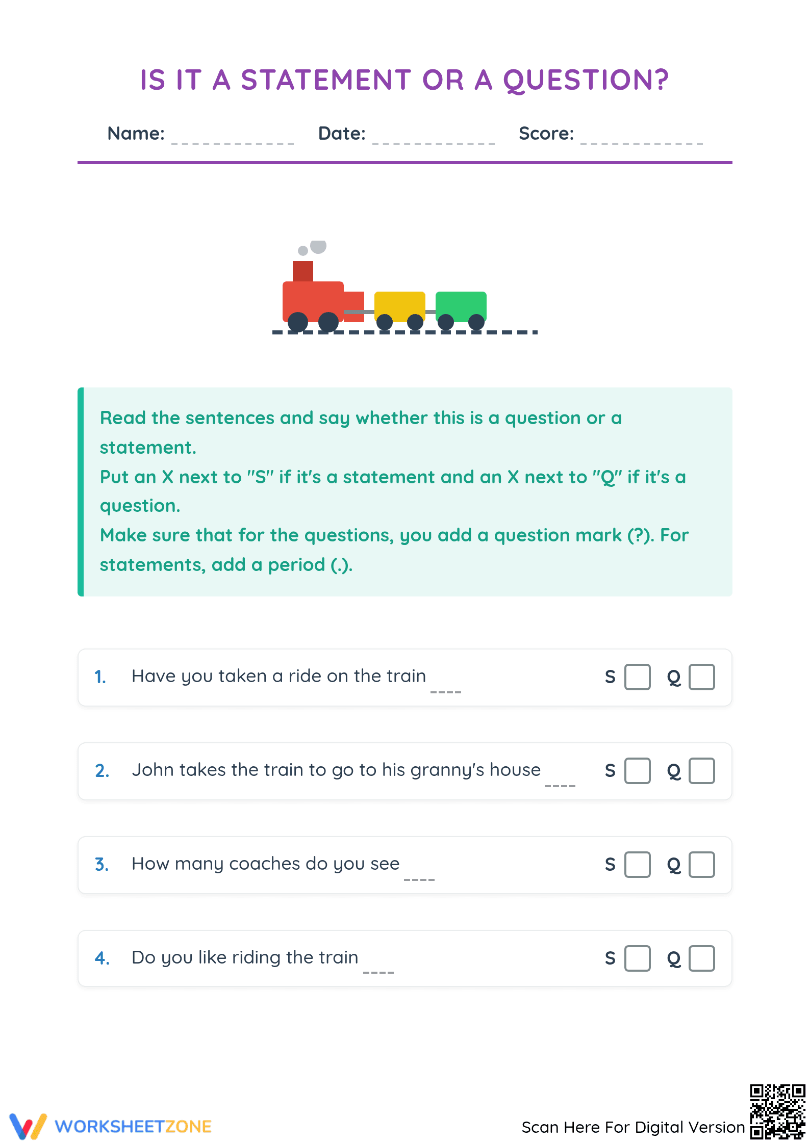 Grade 1 Questions vs Statements — Printable No-Prep Sheet - Page 1