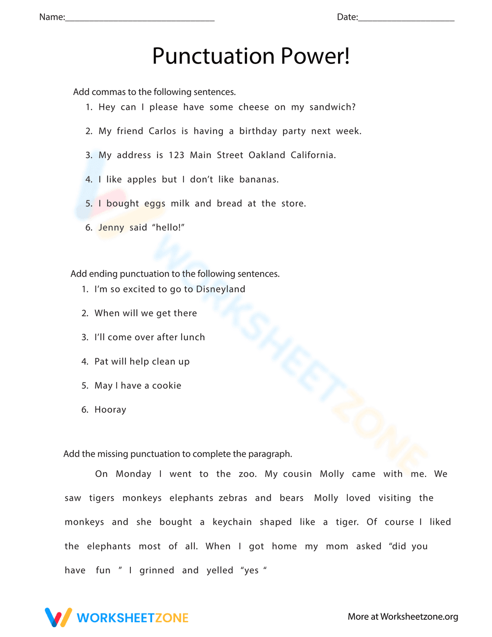 Punctuation Power Worksheet - Page 1