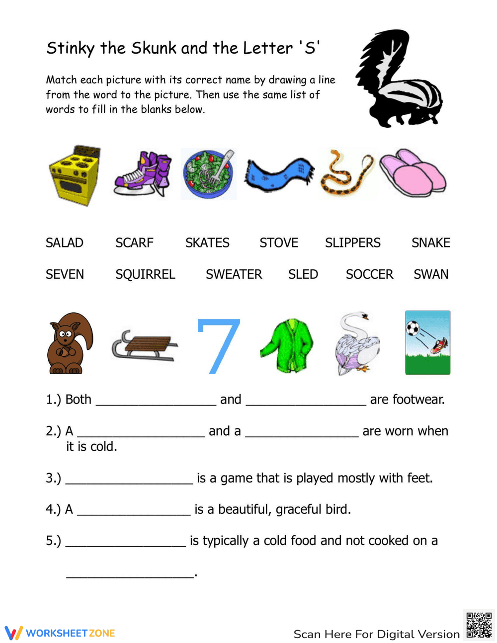 Improve literacy skills with this fun letter "S" worksheet. Kids match words to pictures and fill in sentences to learn new vocabulary. - Page 1