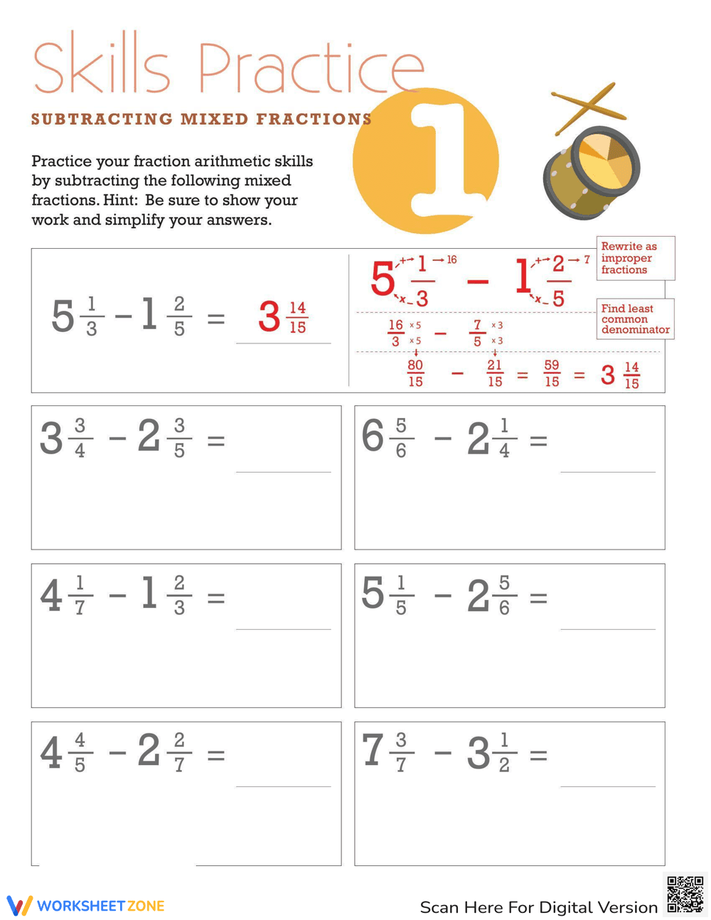 Subtracting Mixed Fractions Worksheet - Page 1