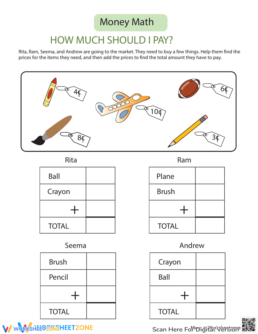 Adding with Money: A Math Worksheet - Page 1