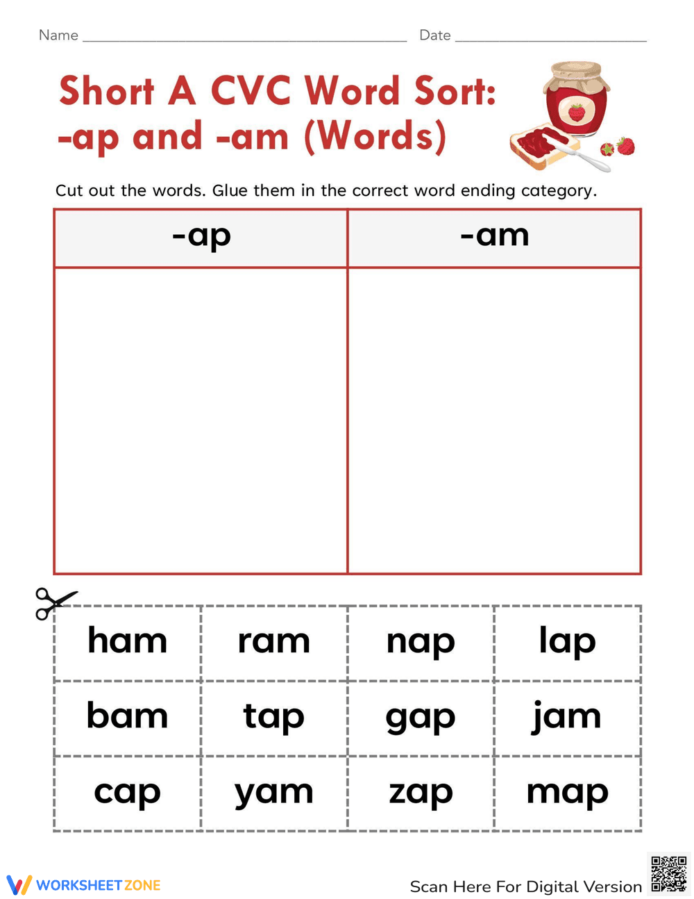 Short 'A' CVC Word Sort: 'ap' and 'am' Words - Page 1