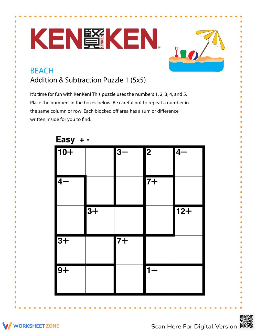 Beach KenKen® Puzzle | Grade 3 Printable Math - Page 1