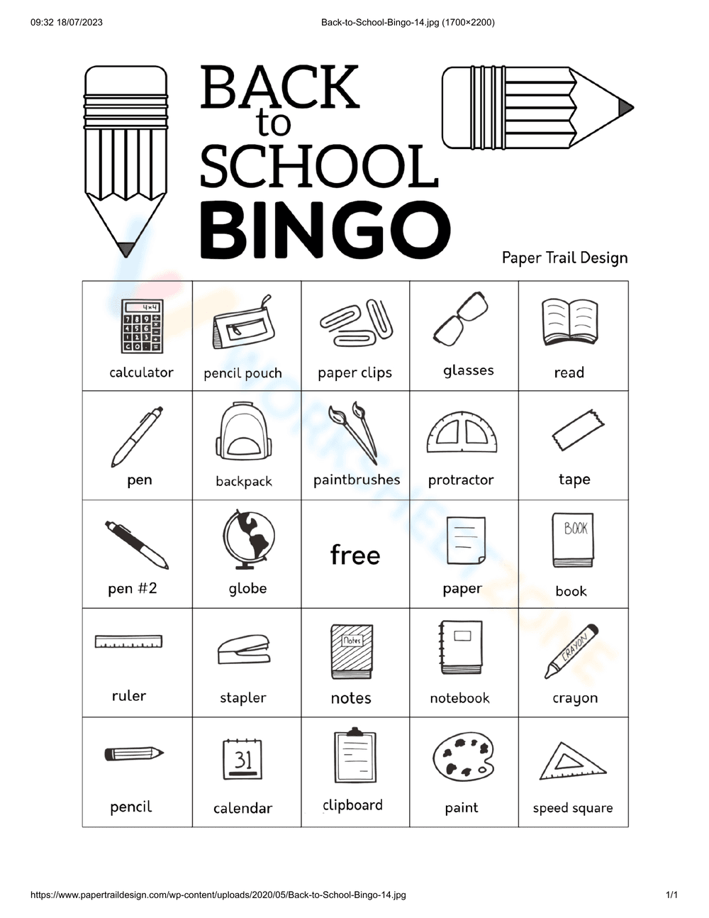 Back to School Bingo Card | Printable Grade 1-5 Activity - Page 1