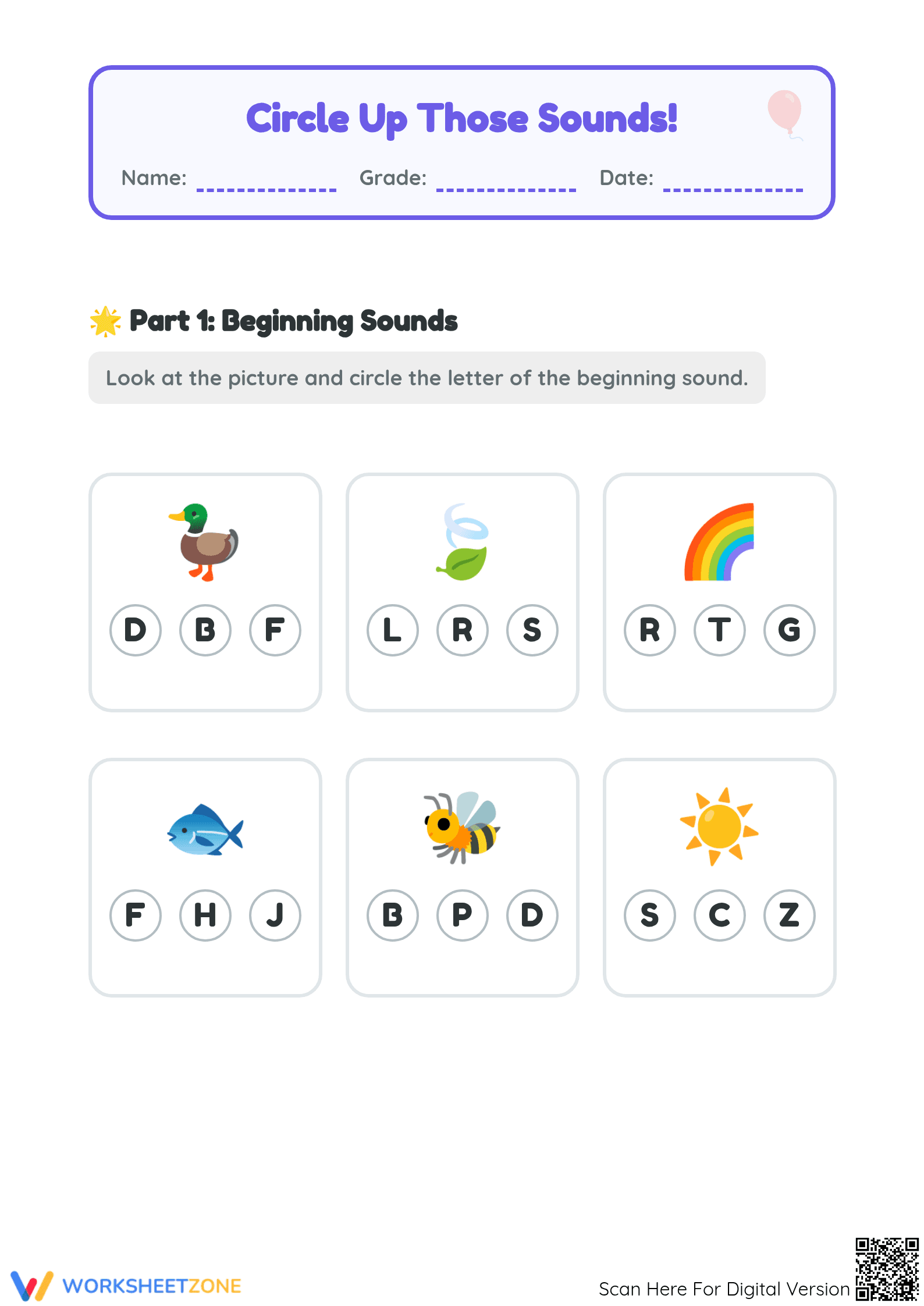 Printable Beginning Sounds Worksheet | Kindergarten Phonics - Page 1