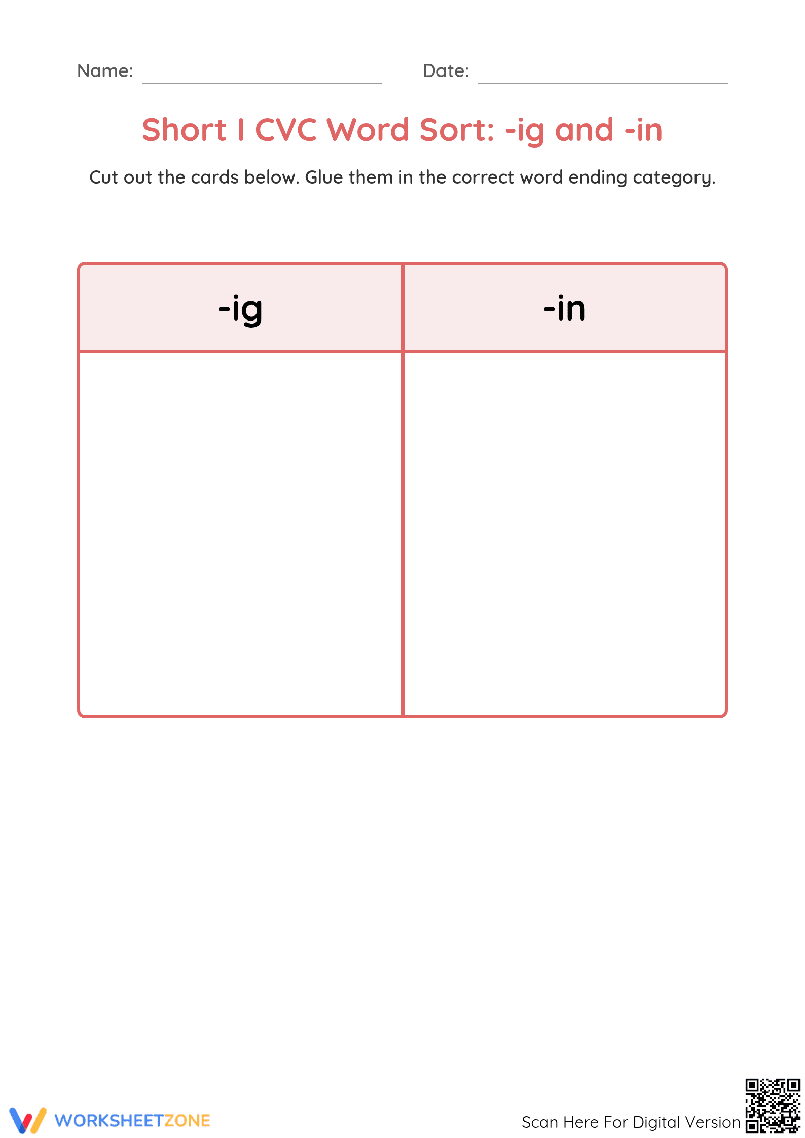 Essential Short I CVC Word Sort | Grade 1 Phonics - Page 1