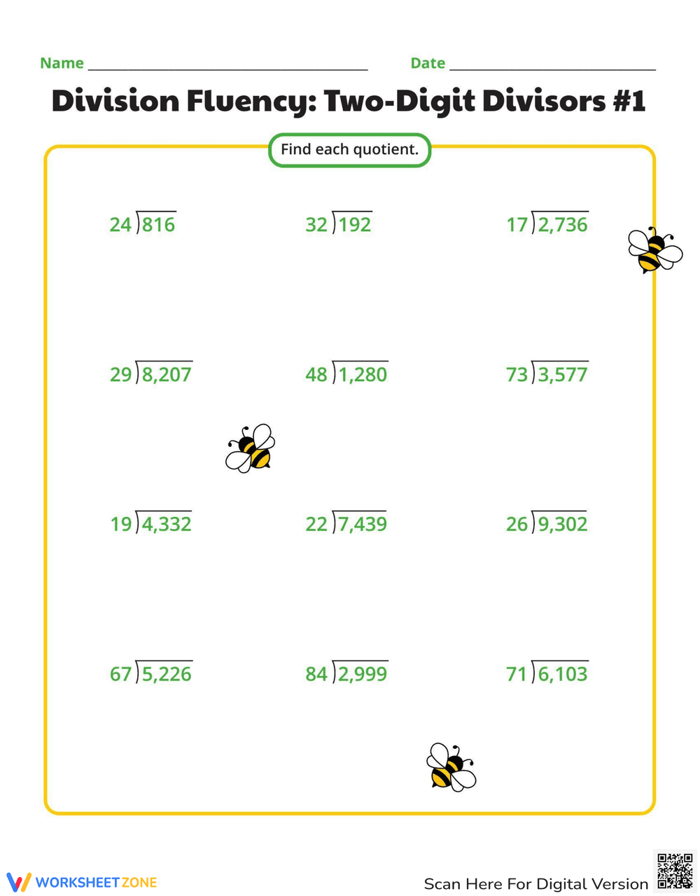 Division Fluency: Two-Digit Divisors Practice - Page 1