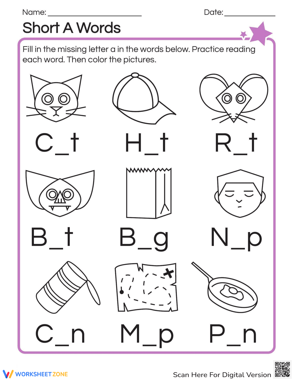 Short 'A' Words Practice Worksheet - Page 1