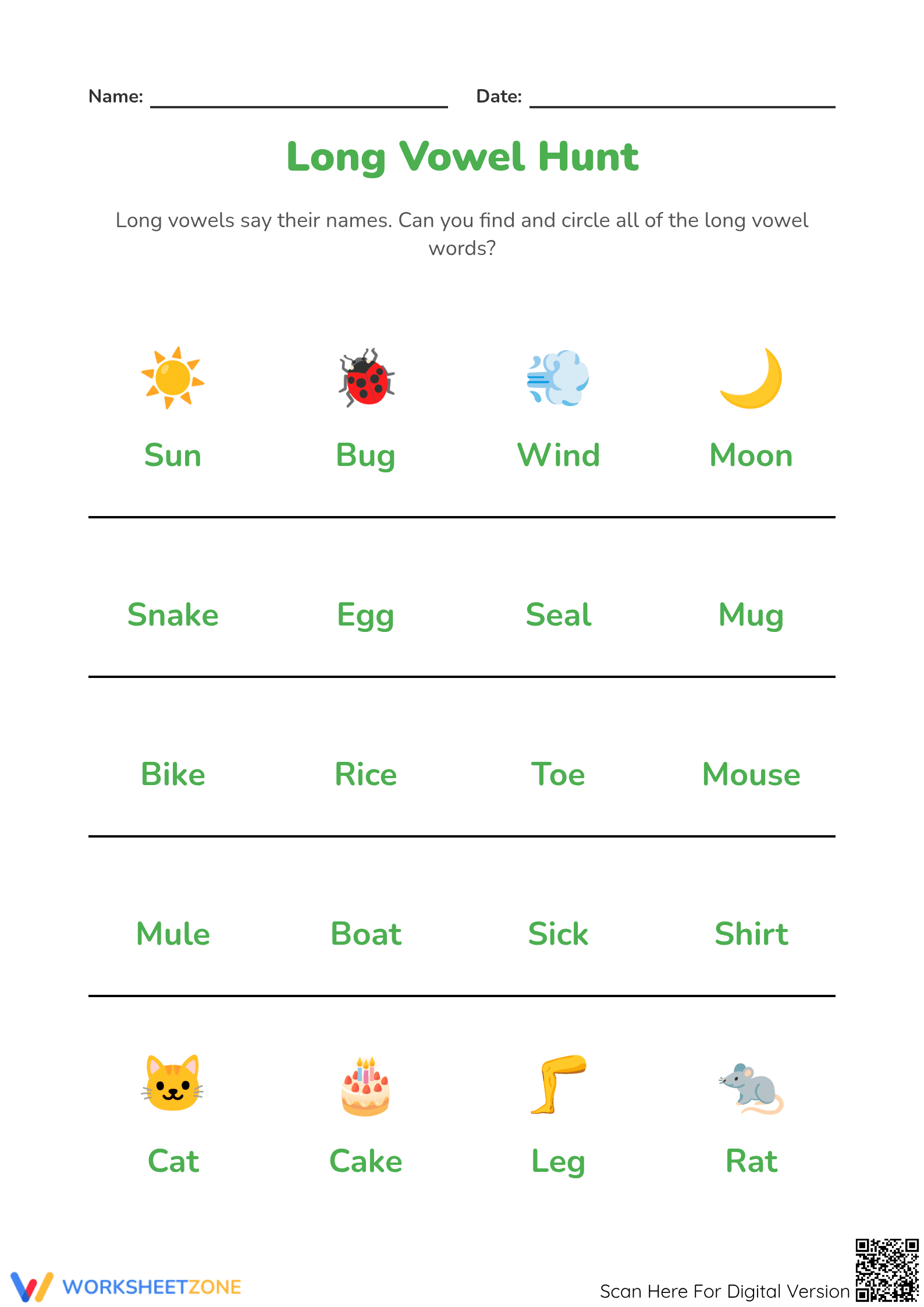 Grade 4 Long Vowels — Printable No-Prep Worksheet - Page 1