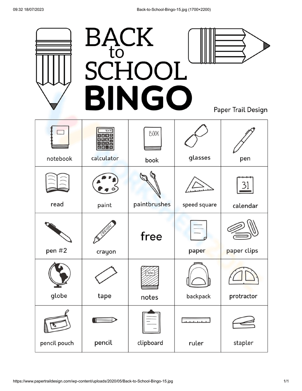 Back to School Bingo Printable | Grade 1-5 ELA - Page 1