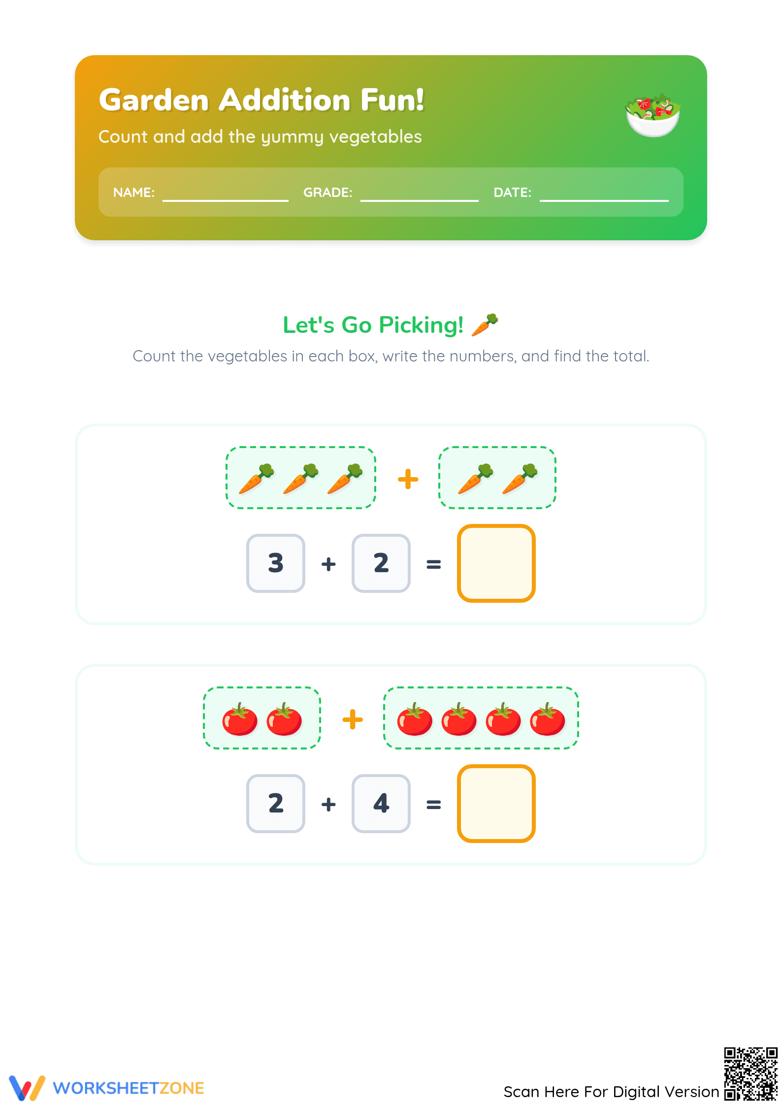 Printable Garden Addition: Visual Sums within 10 Worksheet - Page 1