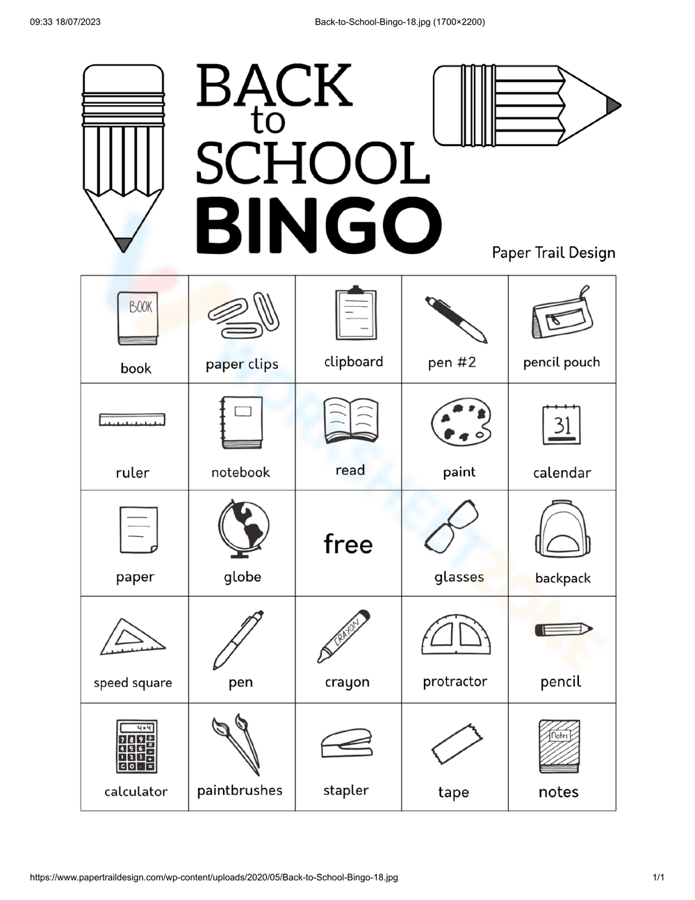 Back to School Bingo Card | Printable Grade 1-5 Activity - Page 1