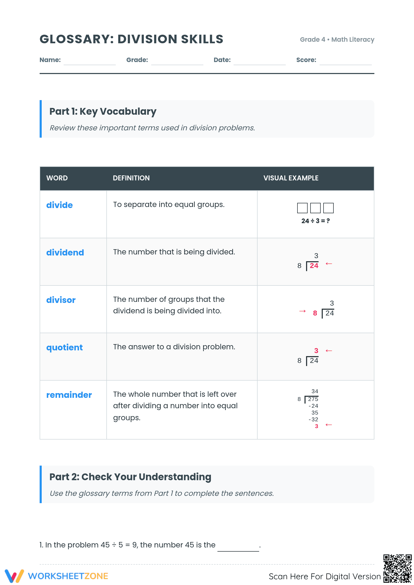 Essential Division Vocabulary Worksheet | Grade 4 Printable - Page 1