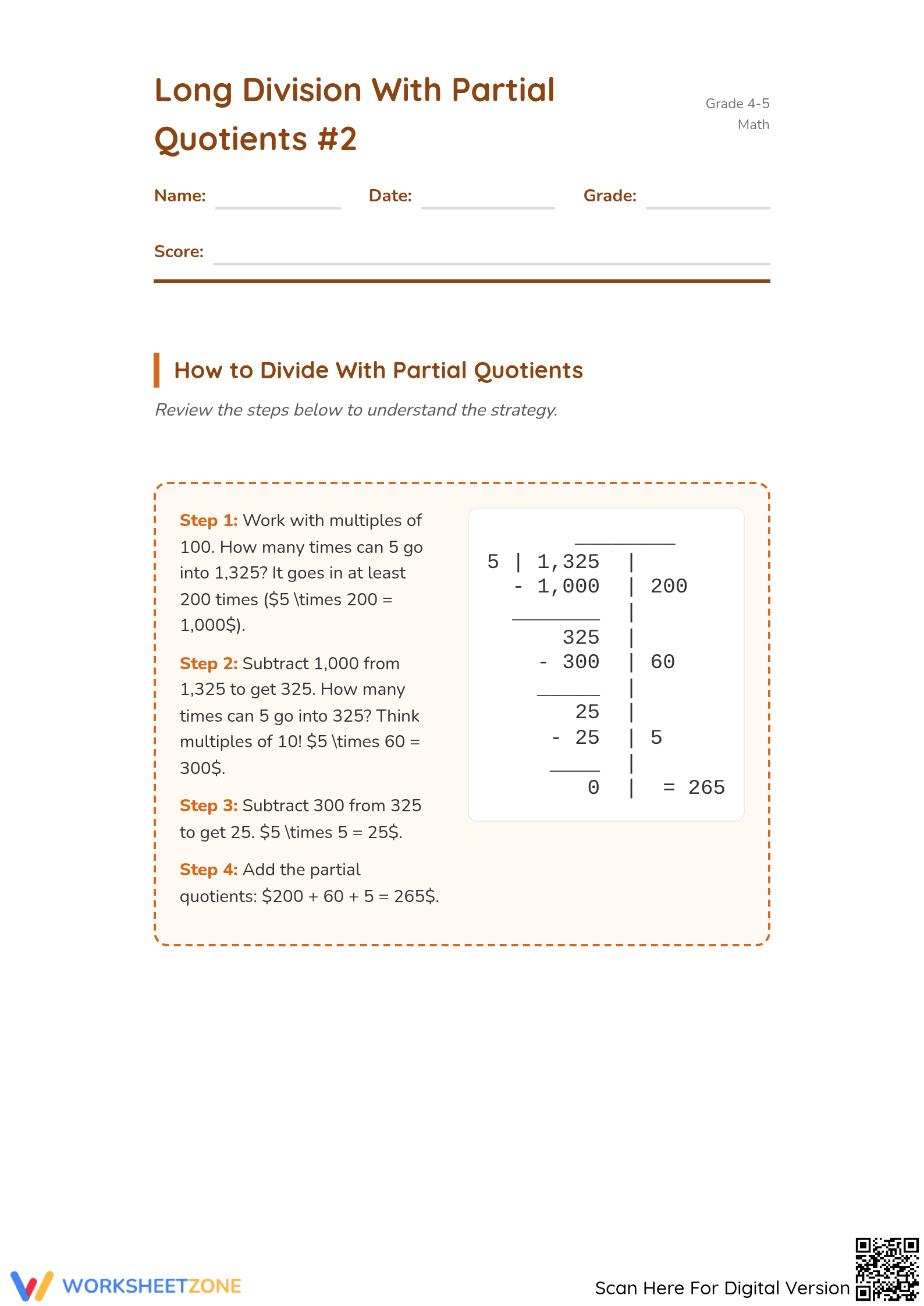 Essential Partial Quotients Worksheet | Grade 4-5 Math - Page 1