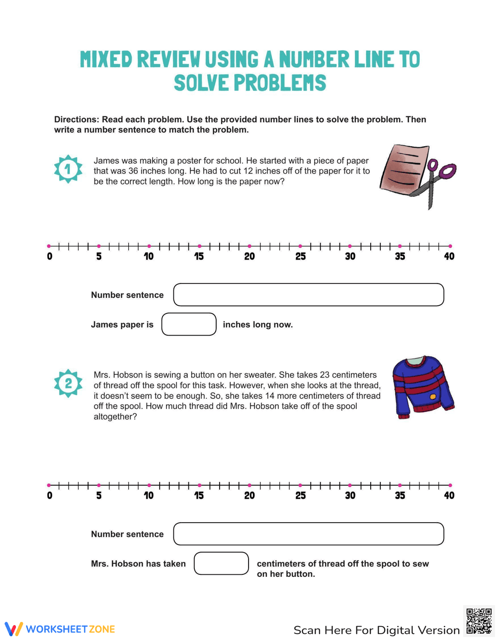 Mixed Review Multi-Step Problems Using A Number Line - Page 1