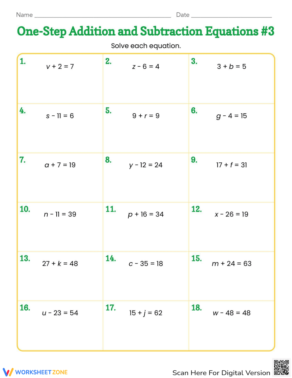 Solve Addition and Subtraction Equations - Page 1