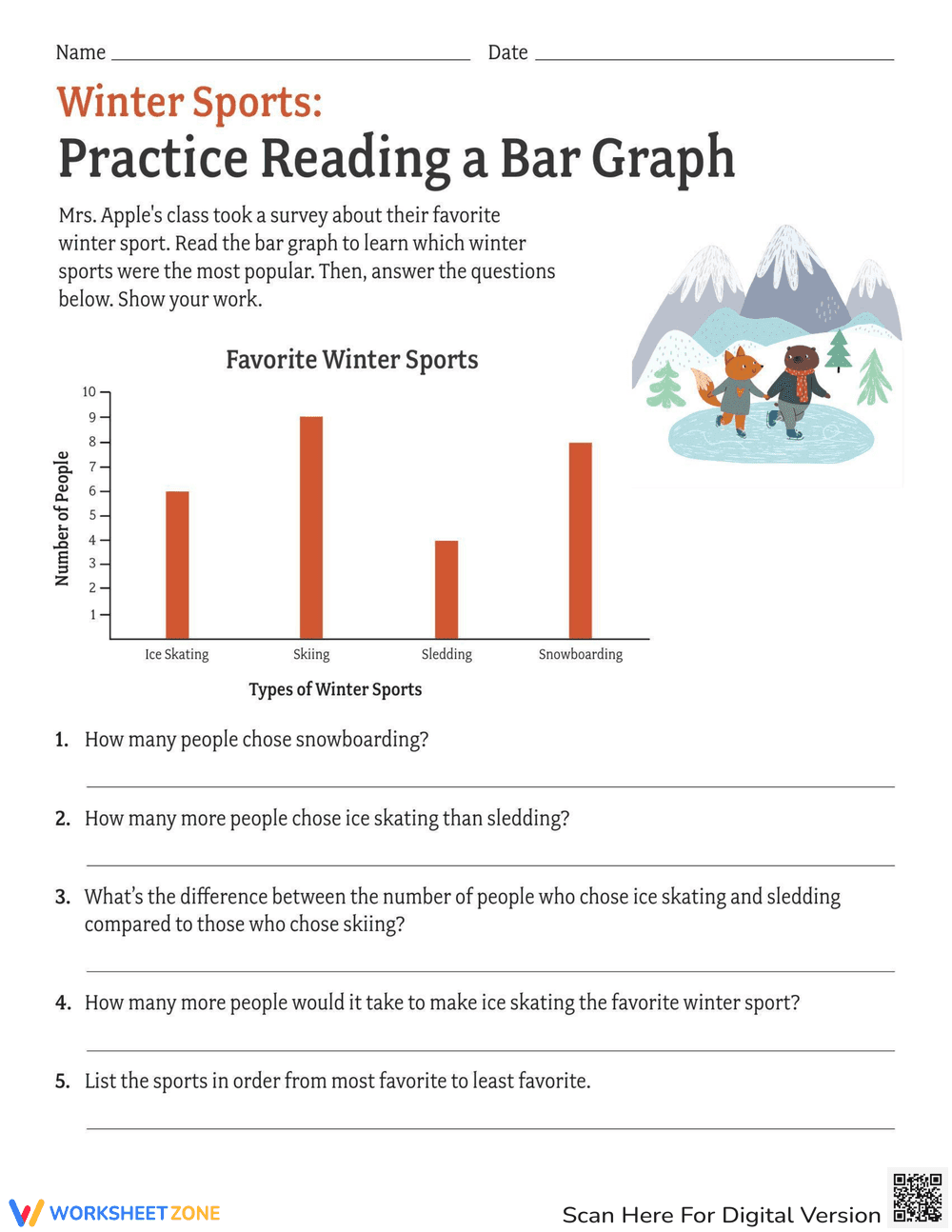 Reading a Bar Graph: Winter Sports - Page 1