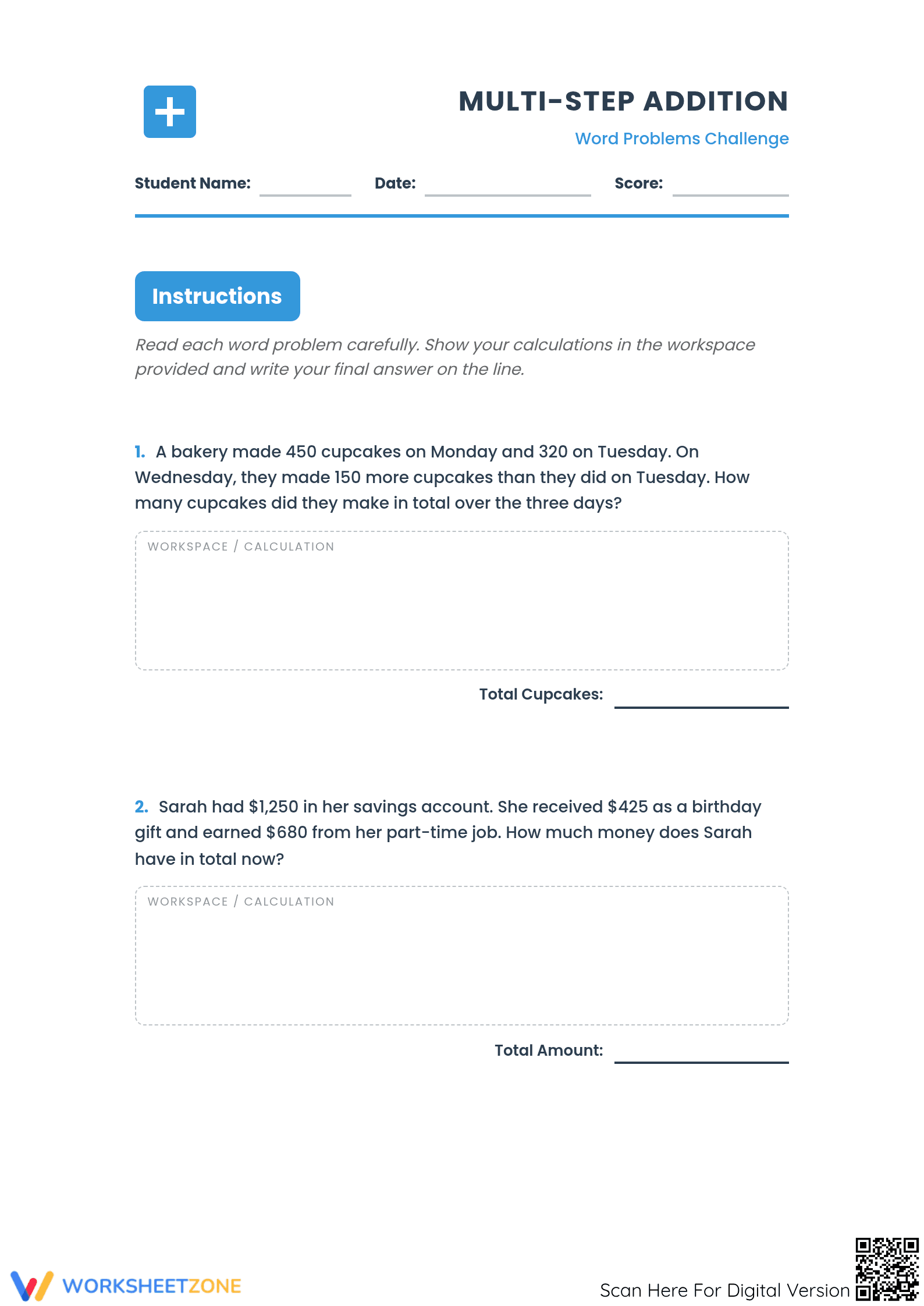Printable Multi-Step Addition Word Problems | Grade 4-5 - Page 1