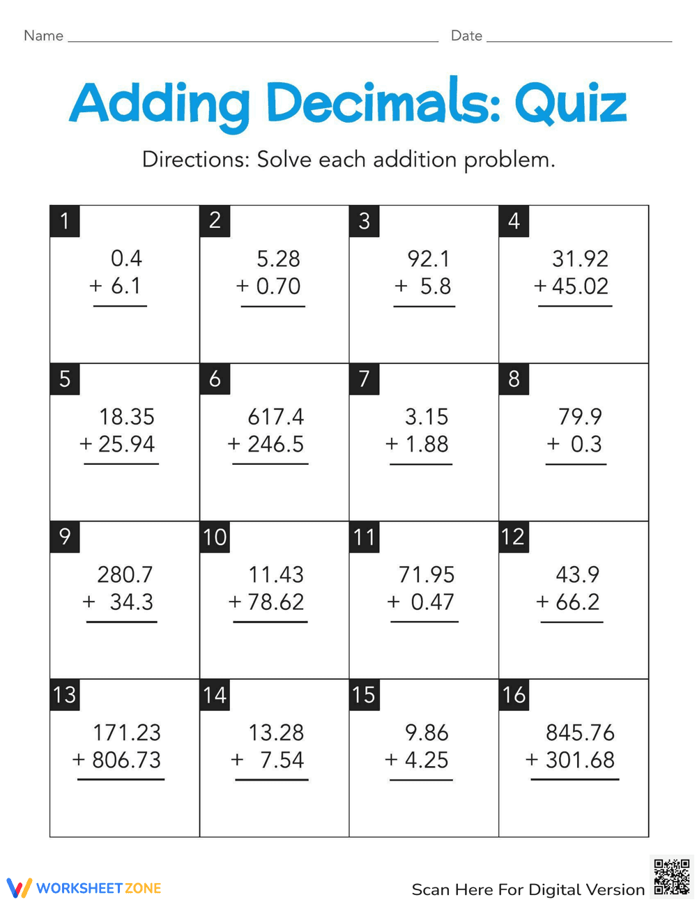Adding Decimals Quiz - Page 1