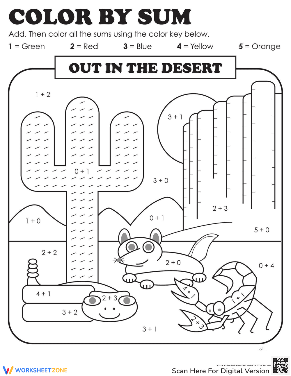 Color by Sum: Desert Theme Addition - Page 1