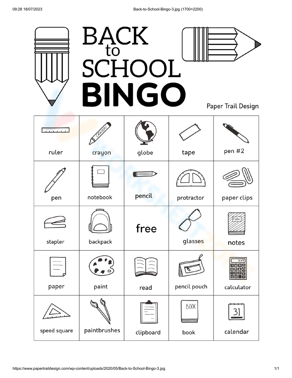 Back to School Bingo Card - Page 1