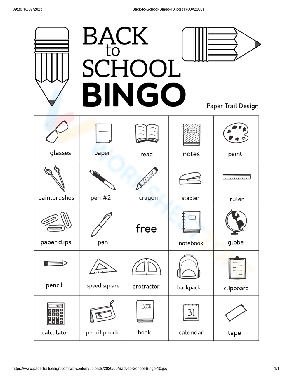 Back to School Bingo Card | Printable Grade 1-5 Activity - Page 1