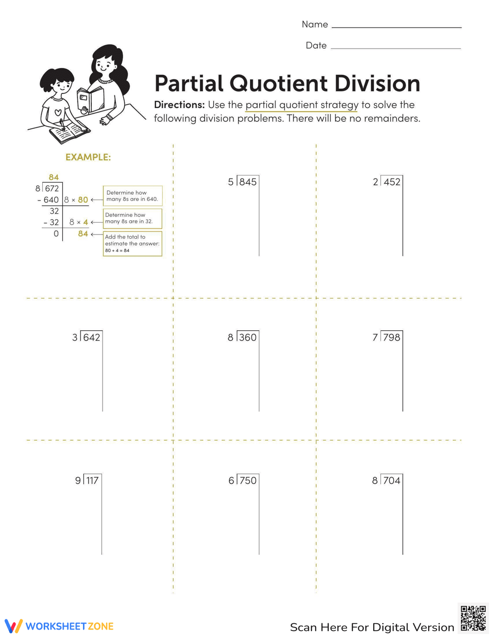Partial Quotient Division Practice Worksheet - Page 1