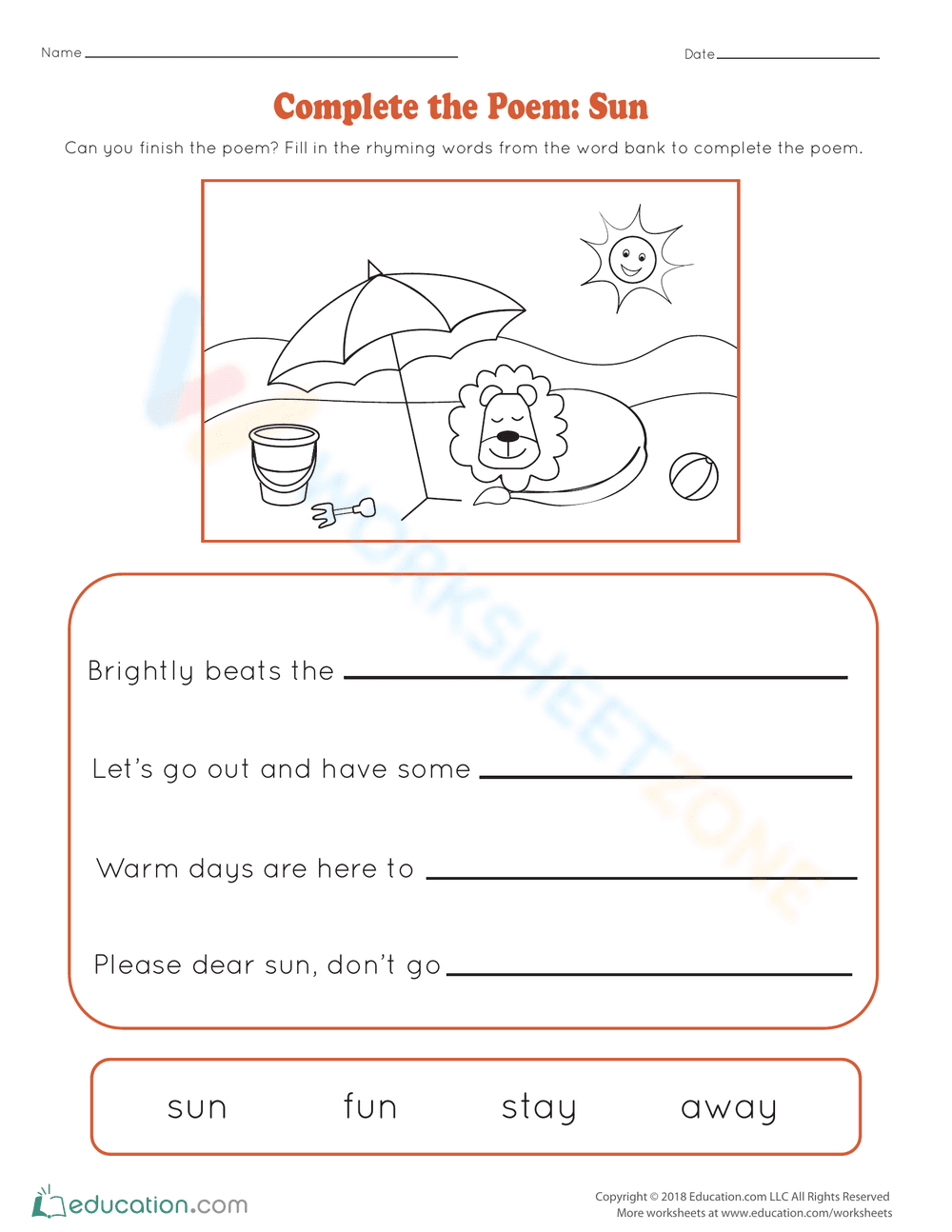 Complete the Poem: Sun Themed Worksheet - Page 1