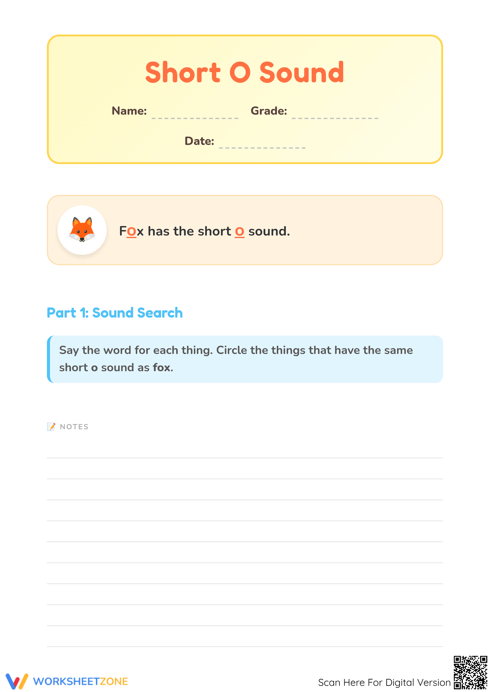 Short O Sound Printable Worksheet | Grade K ELA - Page 1
